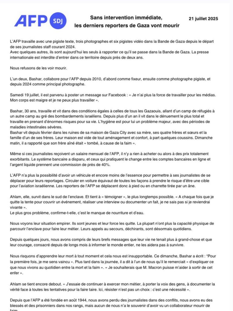 Oświadczenie AFP o dzienikarzach umierającyhc z głodu w Gazie