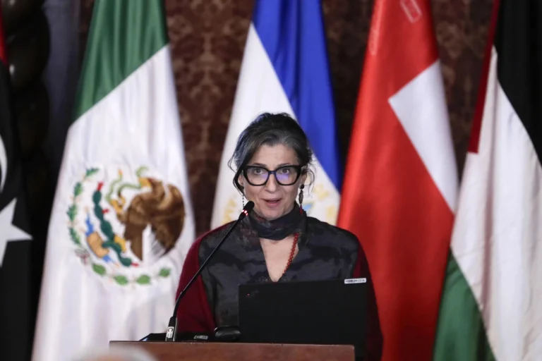 Specjalna sprawozdawczyni ONZ ds. sytuacji praw człowieka w Palestynie, Francesca Albanese, zabrała głos podczas nadzwyczajnego szczytu ministerialnego Grupy Haskiej, który odbył się w środę, 16 lipca 2025 roku, w Bogocie, w Kolumbii. Zdjęcie: EFE / Carlos Ortega